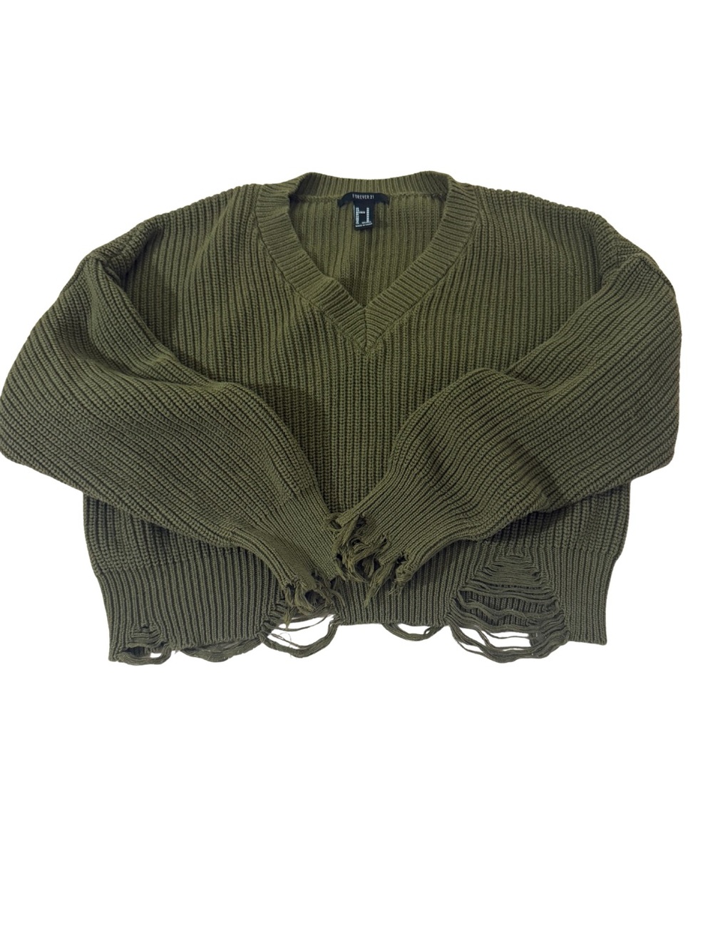 Forever 21 Olive Green Distressed V-Neck Sweater